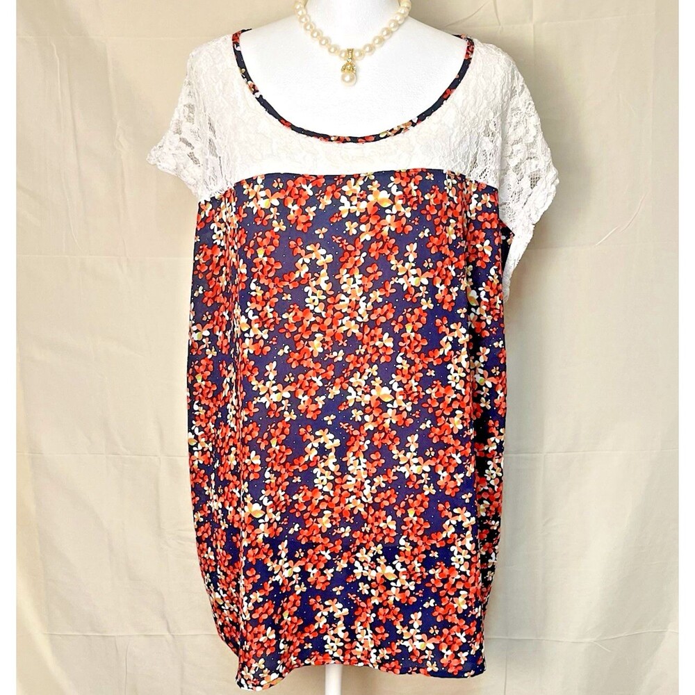 Paper Moon Floral Lace Yoke Top 3X Navy Coral Boho Cottage Plus Size Blouse